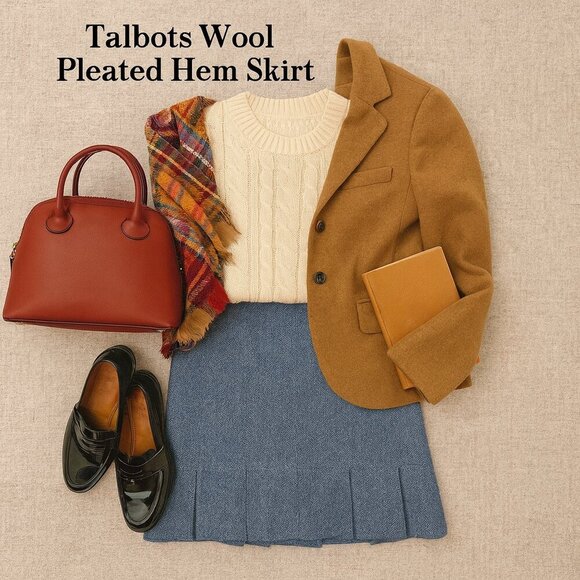 Talbots 100% Wool Blue Pleated Lined A-Line Skirt Preppy Office Size 2 Petite - Picture 1 of 12